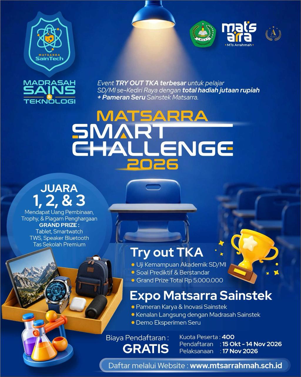 Flyer Matsarra Smart Challenge 2026: try out TKA dan Expo Matsarra Sainstek untuk pelajar SD/MI se-Kediri Raya. Gratis, kuota 400 peserta, total hadiah Rp5.000.000. Pendaftaran sampai 14 November, pelaksanaan 17 November 2026.